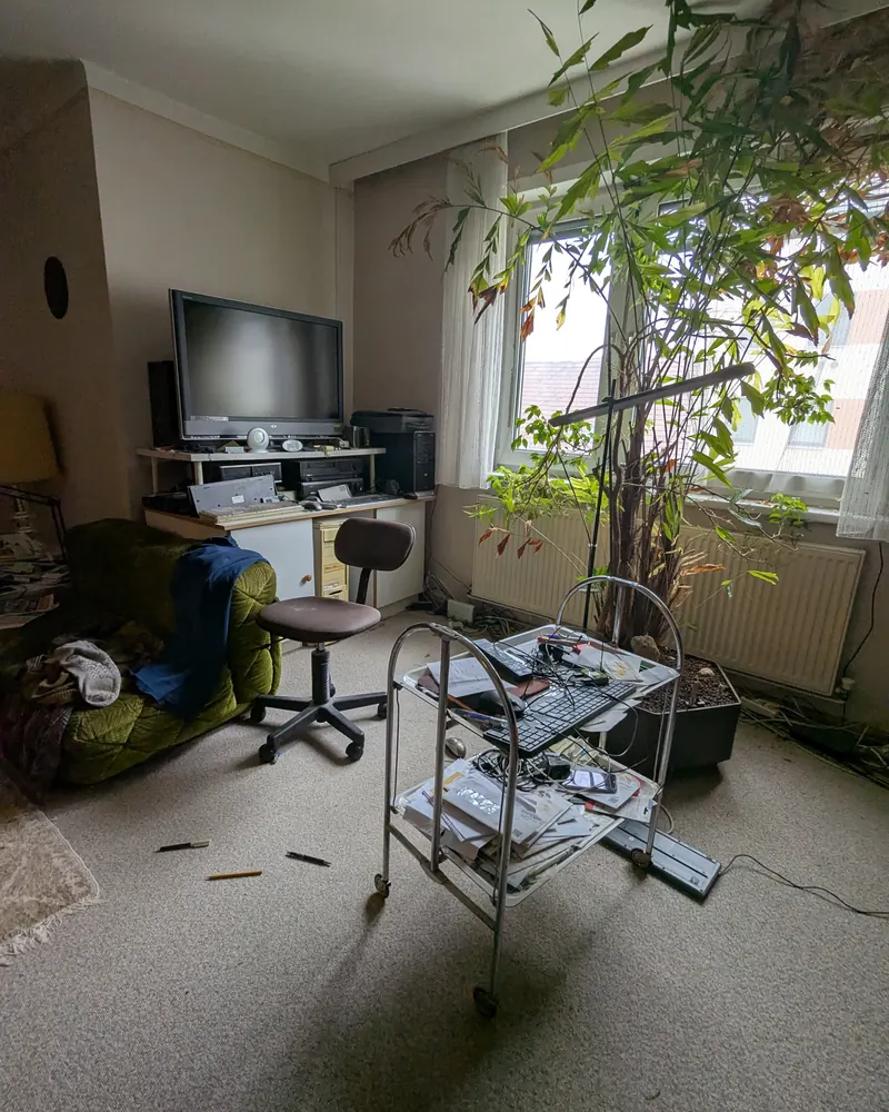 Wohnzimmer vorher: Bürosessel und voller Servierwagen vor der Sitzgarnitur, Kleinteile am Boden.
